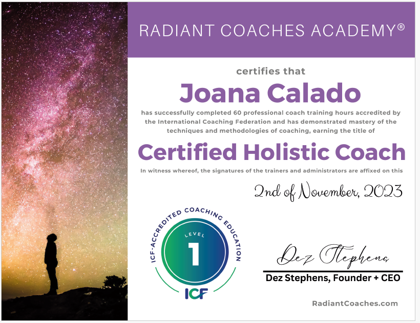 Certified holistic coach diploma Joana Calado, inner peace and abundance mindful introvert